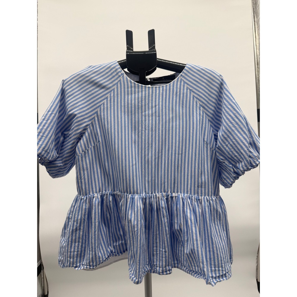 Tuckernuck Pomander Place Blouse Size M Blue Striped Puff Sleeve Poplin Coastal